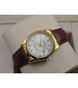 Rolex Datejust 36mm Swiss Automatic Watch 18K Gold-White Dial Stick Markers-Brown Leather Bracelet