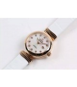 Omega Deville Ladymatic 18k Rose Gold Swiss Automatic Watch-White Coral Design Dial-White Leather strap