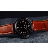 Panerai PAM360 DLC Manual Handwound Swiss Watch-Black Logo Dial-Brown Calf Leather Strap