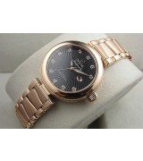 Omega Deville Ladymatic 18k Rose Gold Swiss Automatic Watch-Black Coral Design Dial-Stainless Steel Link