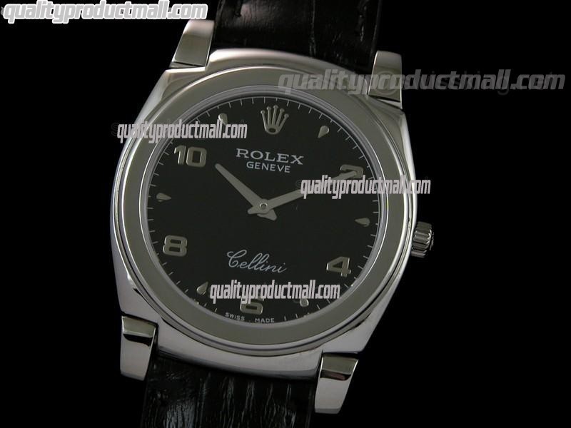 Rolex Cellini Swiss Quartz Watch-Black Dial Droplets/Numeral Hour Markers-Black Leather strap 