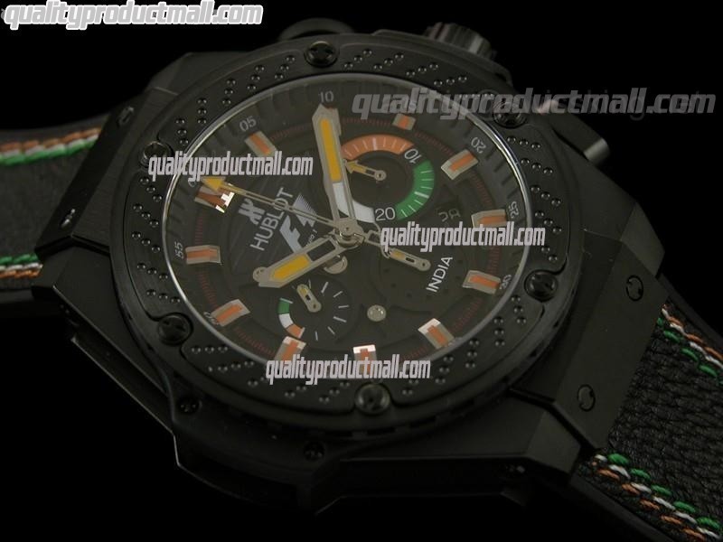 Hublot King Power F1 India Chronograph-Black Texture Dial Sticks Hour Markers-Black Leather Strap