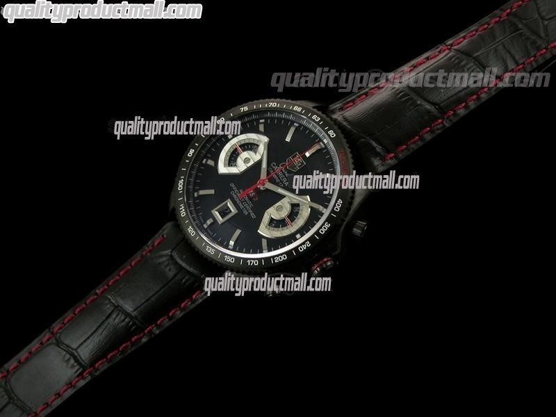 Tag Heuer Grand Carrera Calibre 17 RS2 Limited Edition PVD-Black Dial Silver Ring Subdials-Black Leather Strap (Red Stitch)