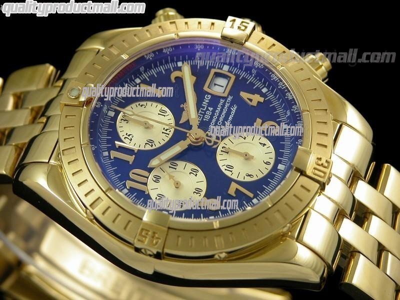 Breitling Chronomat Evolution V3 Chronograph 18K Gold-Blue Dial Gold Subdials Numerals Hour Markers-Stainless Steel Bracelet