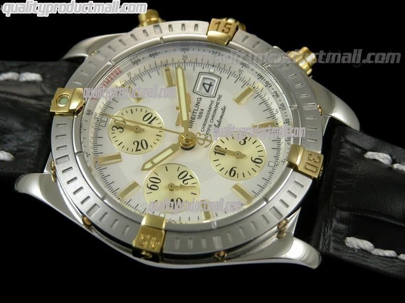 Breitling Chronomat Evolution V3 Chronograph Two Tone Edition 18k Gold-White Dial Gold Subdials Gold Index Hour Markers-Black Leather Strap