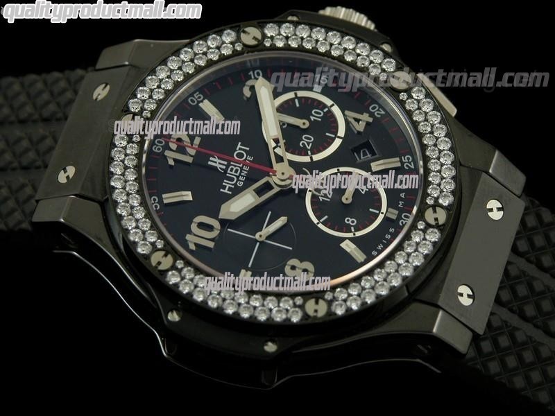 Hublot Big Bang BLACK MAGIC Limited Edition Chronograph-Black Dial Numeral Hour Markers-Diamond Bezel-Black Rubber Strap