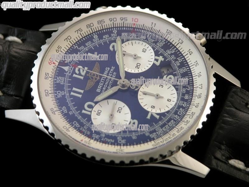 Breitling Navitimer Chronometre-Blue Dial Numeral Hour Markers-Black Leather Strap