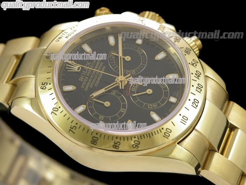 Rolex Daytona Swiss 18K Gold Chronograph-Black Dial Gold Ring Subdials-Stainless Steel Oyster Bracelet