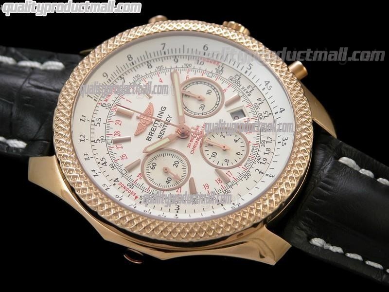 Breitling Bentley 30S Chronograph 18K Rose Gold-White Dial White Subdials-Black Leather Bracelet