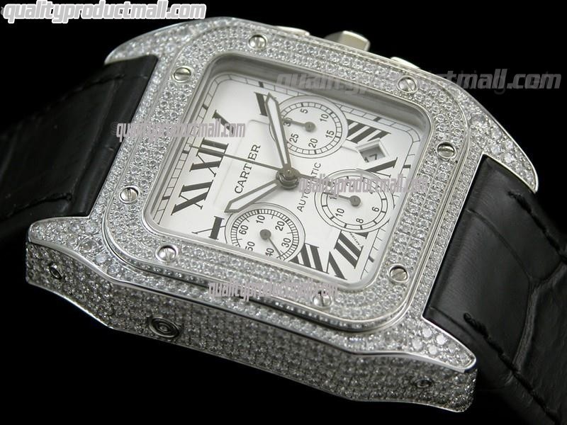 Cartier Santos 100th Anniversary Automatic Watch-White Dial Diamond Crested Bezel-Black Leather Strap