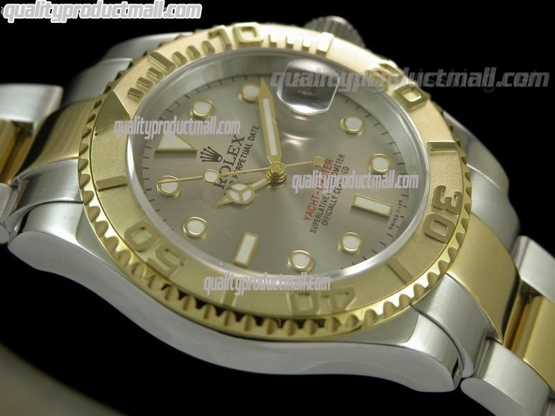 Rolex Yachtmaster II Bi Tone Swiss ETA-Silver Grey Dial White Dot Markers-Black Plated Stainless Steel Oyster Strap