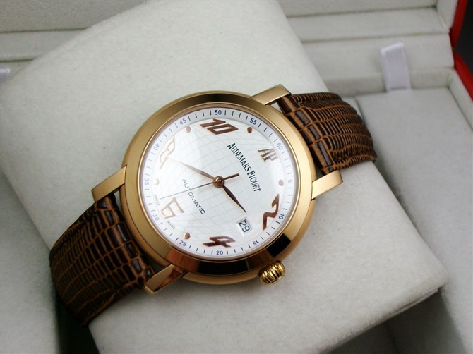 Audemars Piguet Royal Oak Automatic Watch 18k Rose Gold-White Checkered Dial Numeral Hour Markers-Brown Leather Strap