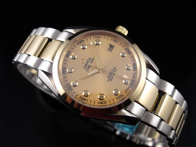 Omega Sea-Master OM6205 Automatic 18k Gold-Gold Dial-Diamond Markers-Brushed Stainless Steel Strap