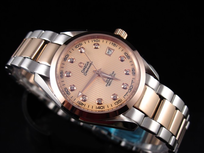 Omega Sea-Master OM6190 Automatic 18k Rose Gold-Rose Gold Dial-Diamond Markers -Brushed Stainless Steel Strap
