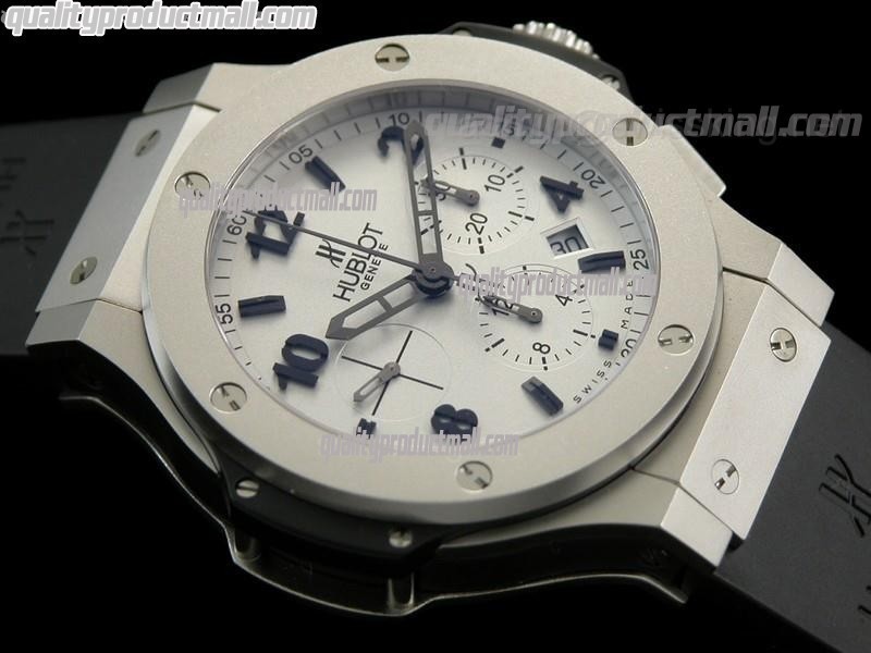 Hublot Big Bang Sandblasted Platinum Chronograph-Grey Dial Index/Numeral Hour Markers-Diamond Bezel-Black Rubber Strap