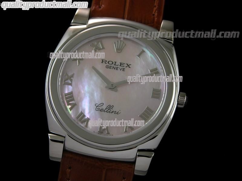 Rolex Cellini Swiss Quartz Watch-MOP Pink Dial Roman Numeral Hour Markers-Brown Leather strap