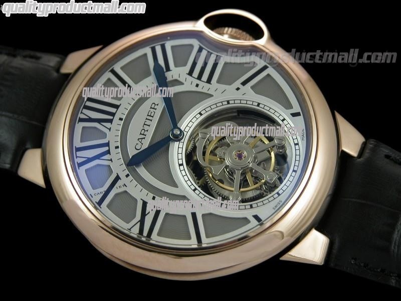 Cartier Blue Ballon Flying Tourbillon Watch 18K Gold-White Duo Tier Dial- Black Leather strap 