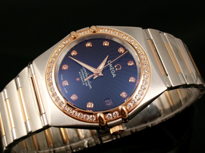 Omega Constellation OM6101 Automatic-18k Rose Gold Blue Dial-Stainless Steel TT Linked Strap