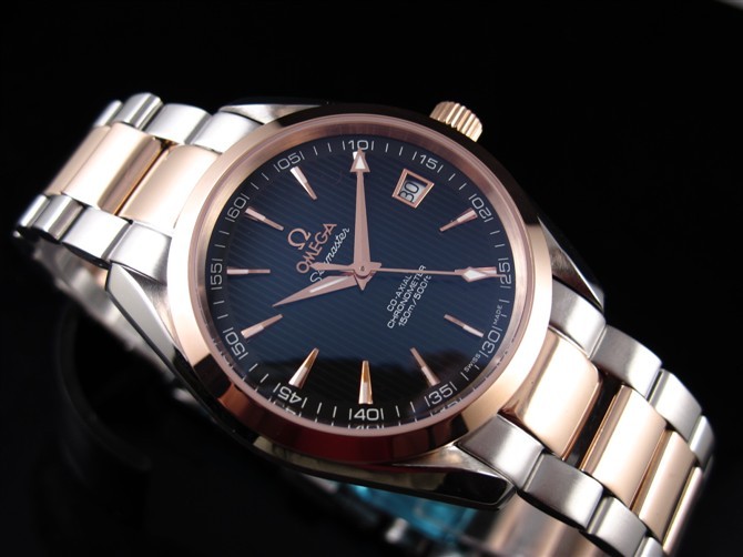 Omega Sea-Master OM6195 Automatic 18k Rose Gold-Blue Dial Black Bezel-Gormment Markers-Brushed Stainless Steel Strap