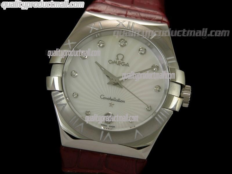 Omega Constellation Midsize Swiss Quartz-Fan Shell Design White Dial-Red Leather Strap