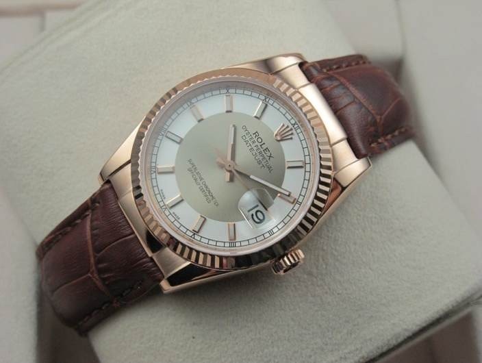 Rolex Datejust 36mm Swiss Automatic Watch Rose Gold-White&Silvery Dial Stick Markers-Brown Leather Bracelet