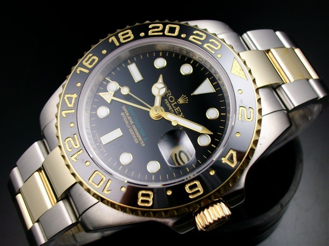 Rolex GMT II E714 Automatic 18k Gold-Black Dial White Dots Sticks Markers-Stainless Steel Oyster Bracelet 