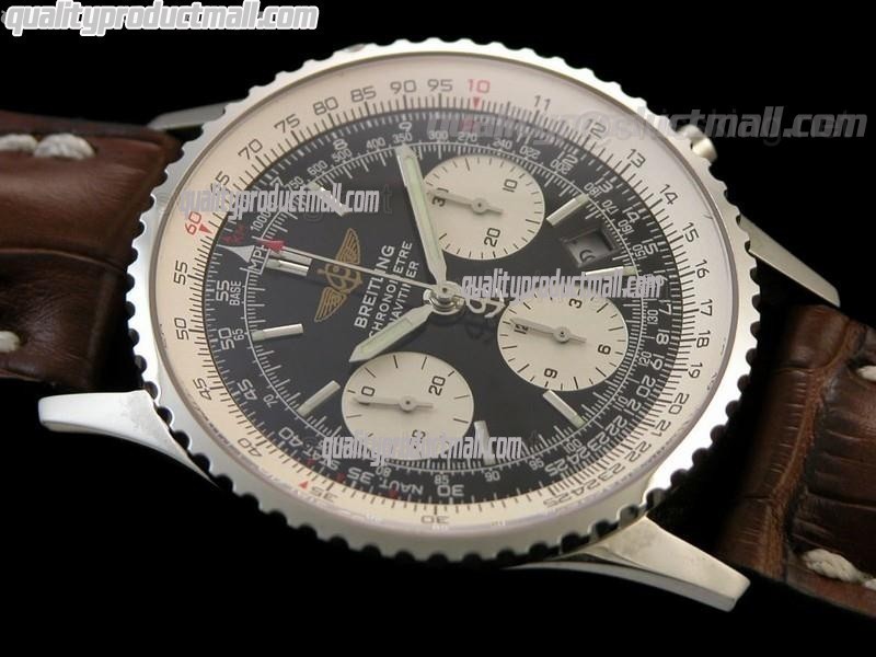 Breitling Navitimer Chronometre-Black Dial Index Hour Markers-Brown Leather Strap