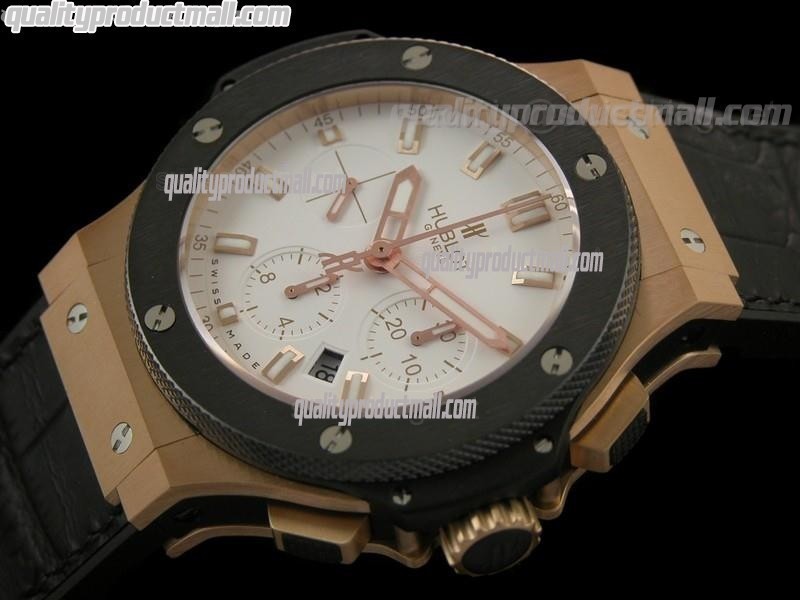 Hublot Big Bang Evolution Ultimate Chronograph 18K Rose Gold-Matt White Dial Lumed Steel Markers-Black Calf Leather strap 