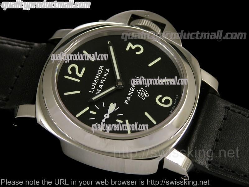 Panerai Luminor Marina PAM005 Swiss Manual Handwound Watch-Black Dial Numeral/Index Hour Markers-Black Leather Strap