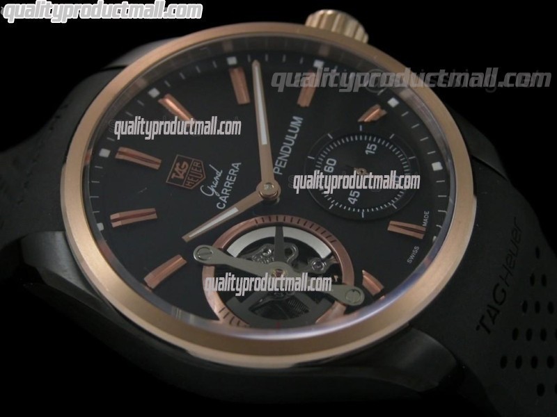 Tag Heuer Pendulum Handwound Watch 18k Rose Gold-Black Dial Stick Markers-Black Rubber strap