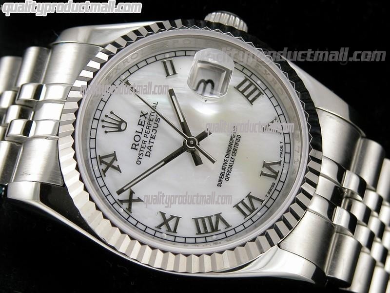 Rolex Datejust 36mm Swiss Automatic Watch-White MOP Dial Roman Numeral Hours-Stainless Steel Jubilee Bracelet 