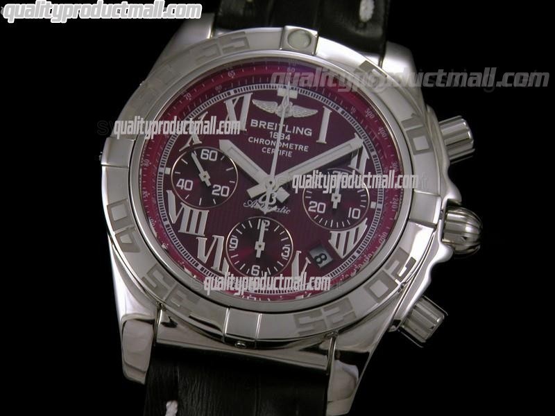 Breitling Chronomat B01 Chronograph-Burgundy Dials Roman Numerals Markers-Black Leather Strap