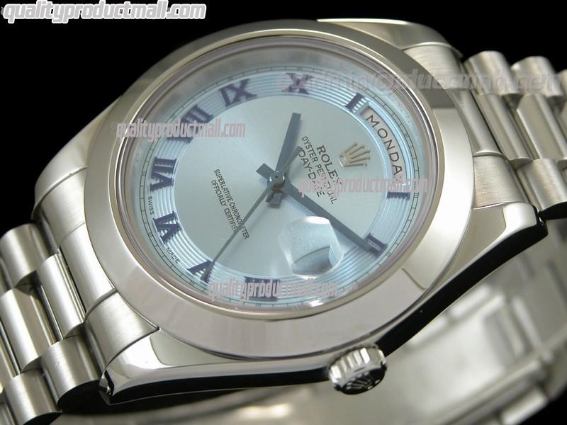Rolex DayDate II 41mm Swiss Automatic Watch-White Dial Blue Roman Numeral Markers-Stainless Steel Presidential Bracelet