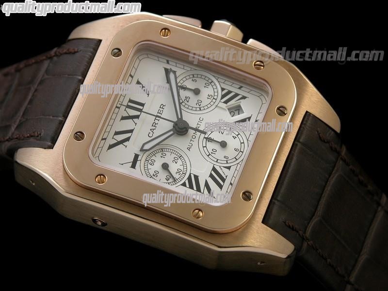 Cartier Santos 100th Anniversary Automatic Watch 18K Rose Gold-White Dial-Brown Leather Strap