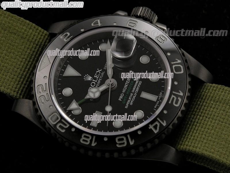 Rolex GMT II Pro Hunter Automatic Watch-Black Dial Large Dot Hour Markers-Light Green Nylon NATO Strap