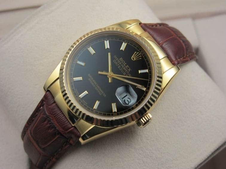 Rolex Datejust 36mm Swiss Automatic Watch 18K Gold-Black Dial Stick Markers-Brown Leather Bracelet