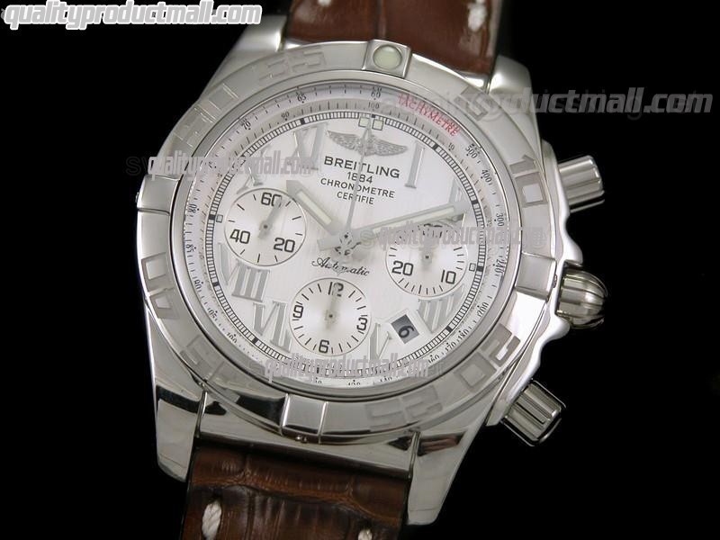 Breitling Chronomat B01 Chronograph-White Dial Roman Numeral Markers-Brown Leather Strap