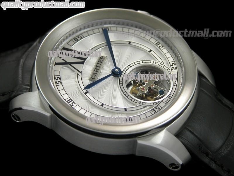 Calibre de Cartier Flying Tourbillon - Black Strap - Silver Dial