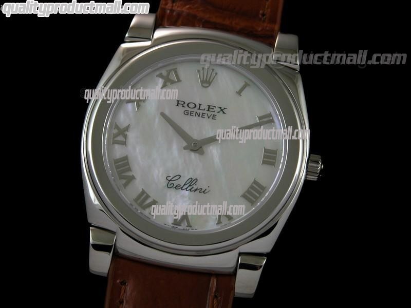 Rolex Cellini Swiss Quartz Watch-MOP White Dial Roman Numeral Hour Markers-Brown Leather strap