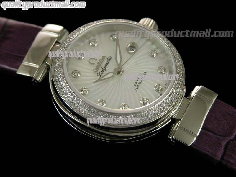 Omega Deville Ladymatic Diamond Swiss Automatic Watch-White Coral Design Dial-Purple Leather strap