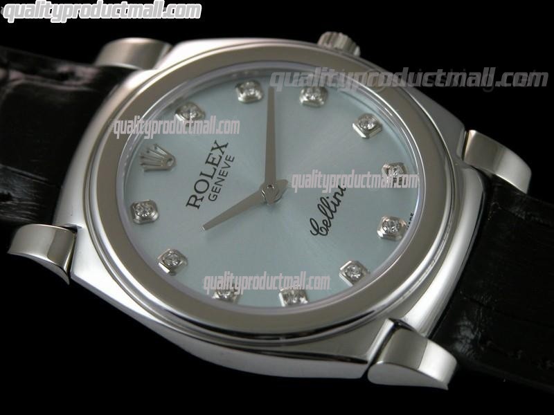 Rolex Cellini Swiss Quartz Watch-Lilac Blue Dial Diamond Hour Markers-Black Leather strap 