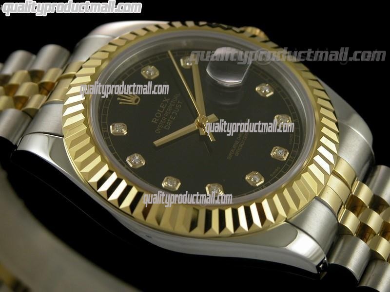 Rolex Datejust II 41mm Two Tone Fluted Bezel 18k Gold-Black Dial Diamond Markers-Stainless Steel Jubilee Bracelet 