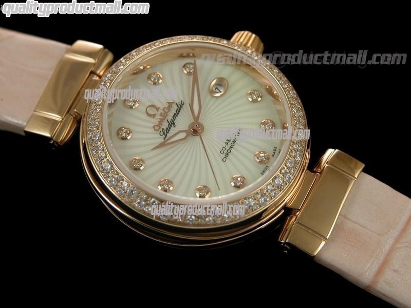 Omega Deville Ladymatic 18k Rose Gold Diamond Swiss Automatic Watch-White Coral Design Dial-Pink Leather Strap