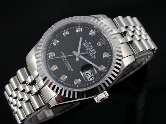 Rolex Datejust 36mm Swiss Automatic Watch-Black Dial Diamond Hour Markers-Stainless Steel Bracelet 