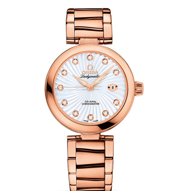 Omega Deville Ladymatic 18k Rose Gold Swiss Automatic Watch-White Coral Design Dial-Stainless Steel Link