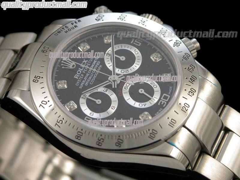 Rolex Daytona Swiss Chronograph-Black Dial Silver Subdials-Diamond Hour Markers-Stainless Steel Oyster Bracelet