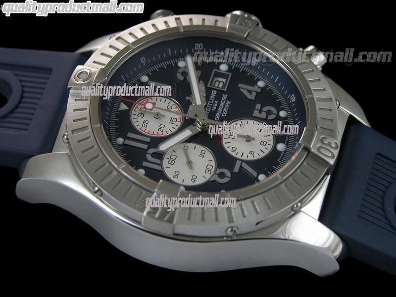 Breitling Blacksteel Super Avenger 48MM 2009 Designs-Blue Dial White Subdials-Black Rubber Strap 