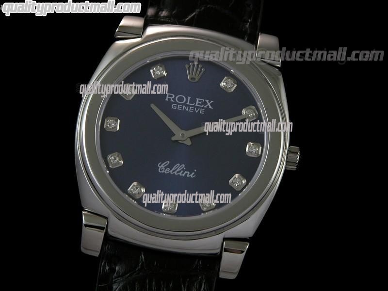 Rolex Cellini Swiss Quartz Watch-Blue Dial Swiss Cut CZ Diamond Hour Markers-Black Leather strap 