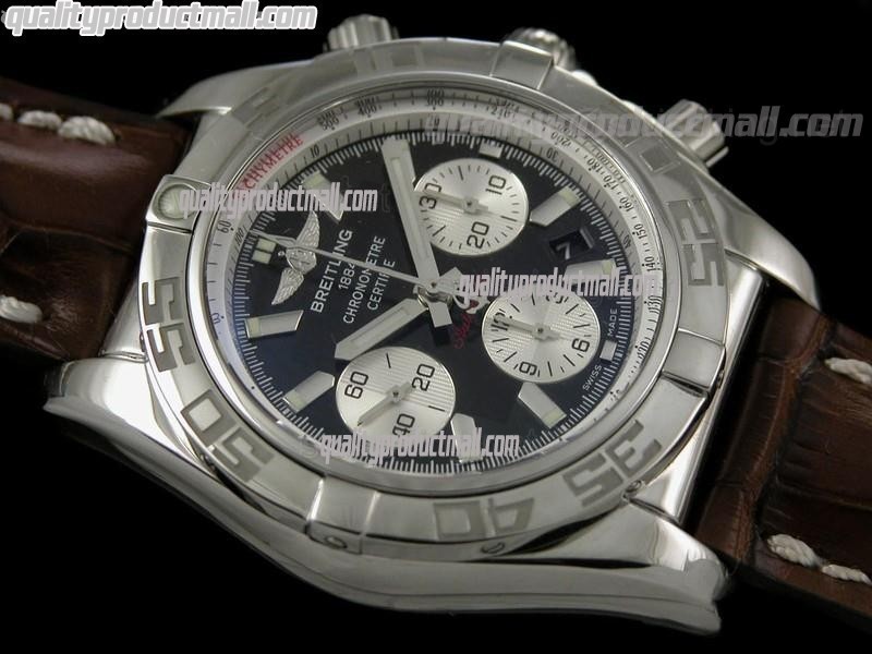 Breitling Chronomat B01 Chronograph-Black Dial Index Hour Markers-Brown Leather Strap