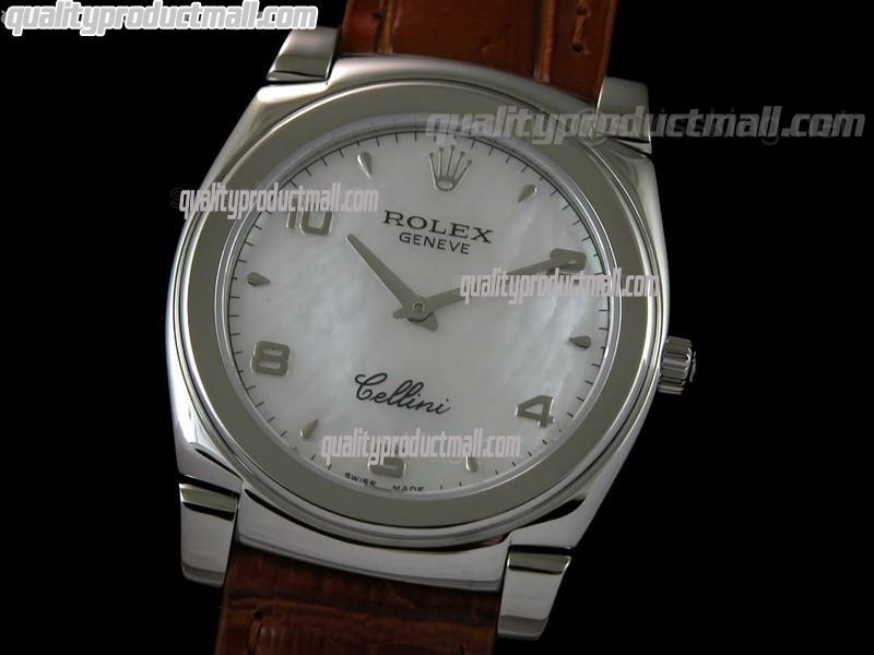 Rolex Cellini Swiss Quartz Watch-MOP White Dial Droplet Hour Markers-Brown Leather strap